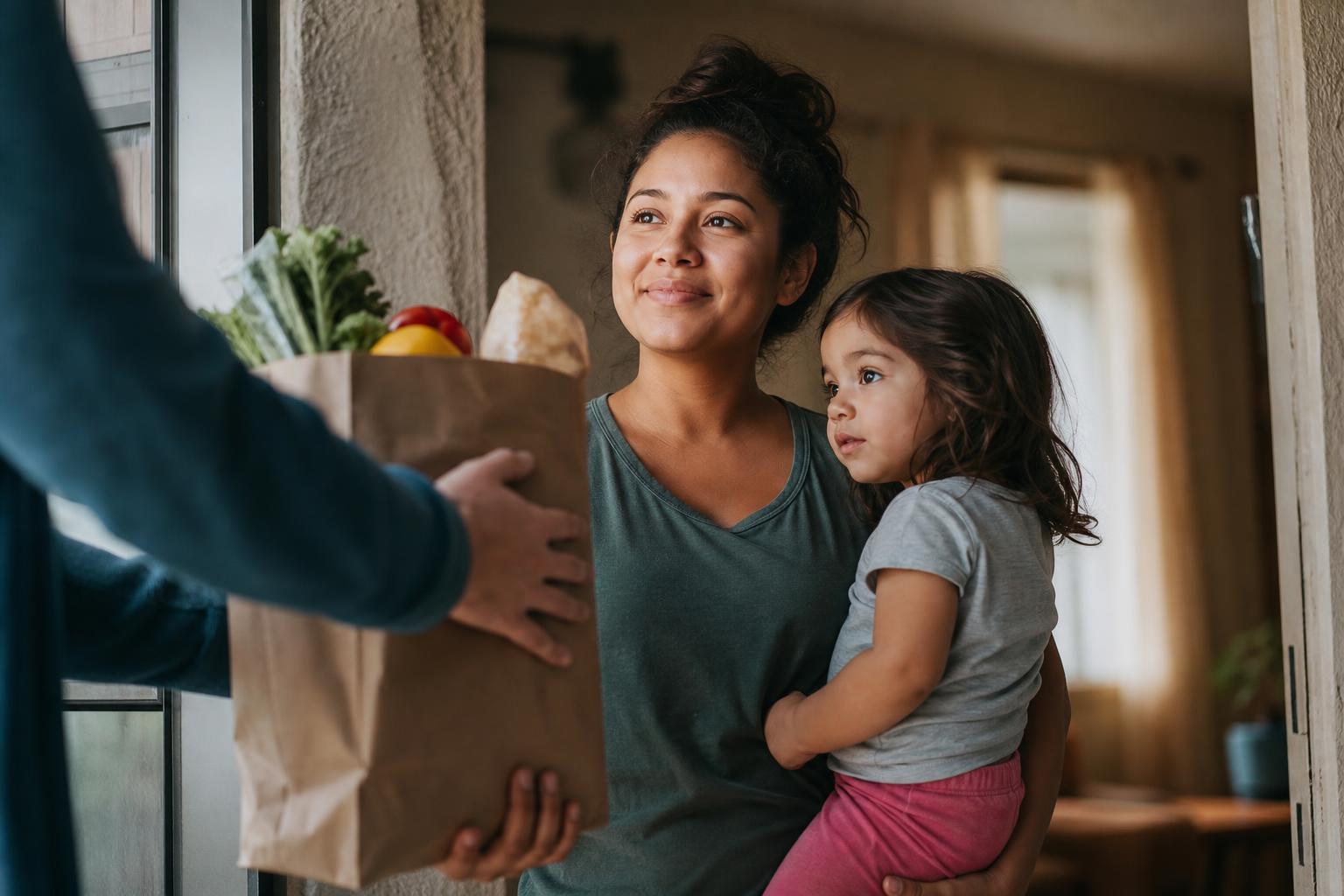 A mother and child receiving a bag of groceries at their door