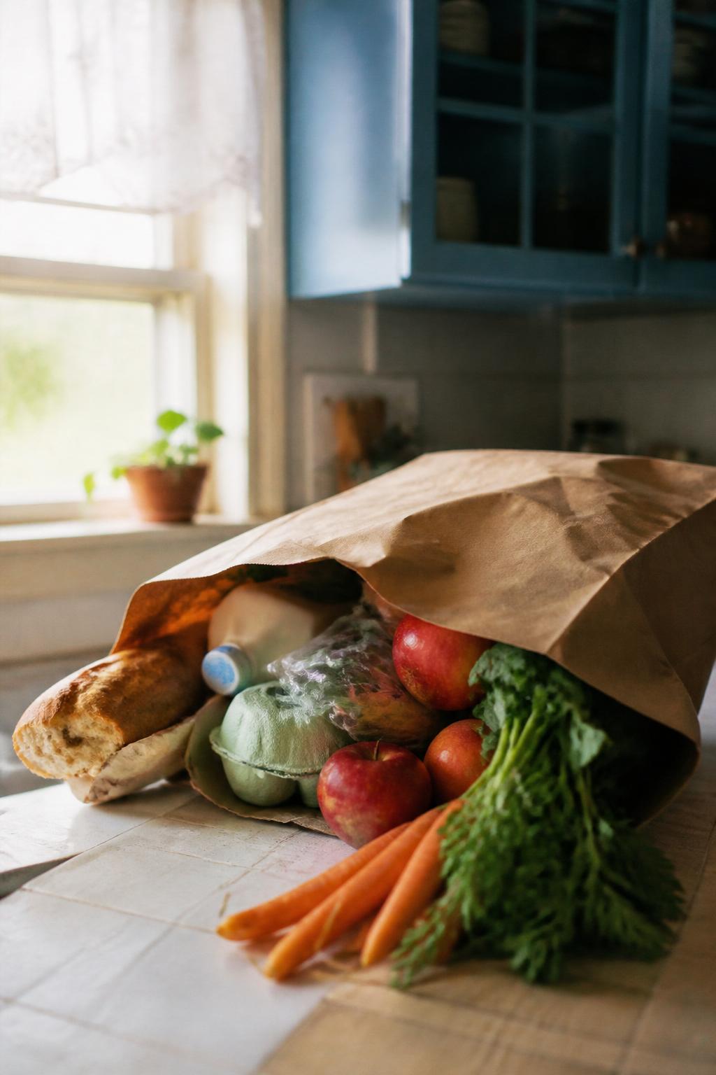 A paper grocery bag with bread, milk, apples and vegetables on a kitchen counter
